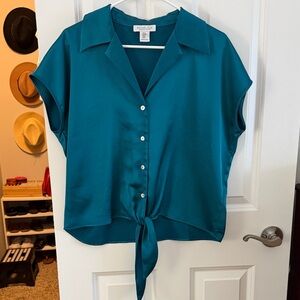 Rachel Zoe Teal Button-Up Tie-Front Blouse | Size Medium